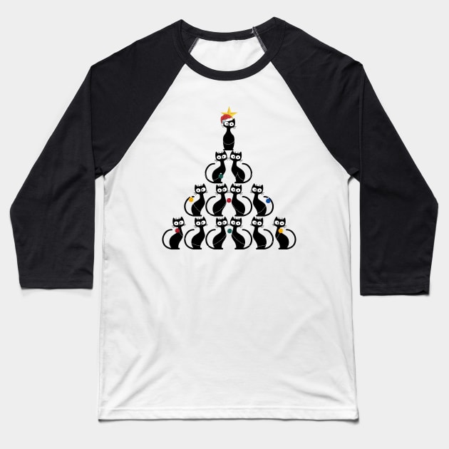 Christmas Black Cat Christmas Tree Baseball T-Shirt by Skylane